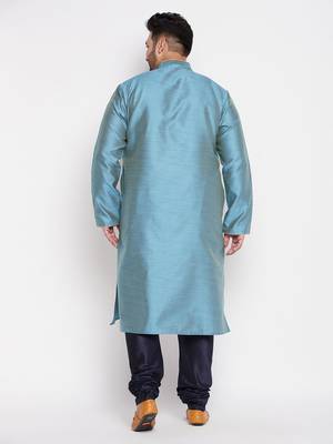 Men's aqua blue and blue silk blend kurta pyjama set 3