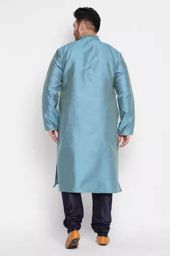 Men's aqua blue and blue silk blend kurta pyjama set