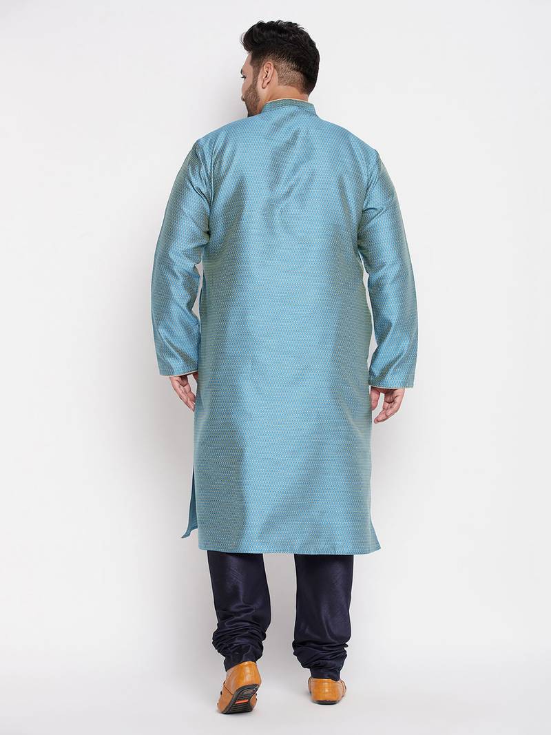 Men's aqua blue and blue silk blend kurta pyjama set