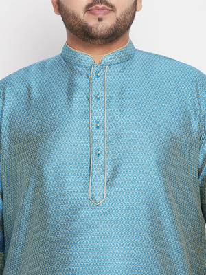 Men's aqua blue and blue silk blend kurta pyjama set 4
