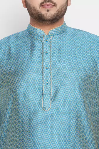 Men's aqua blue and blue silk blend kurta pyjama set