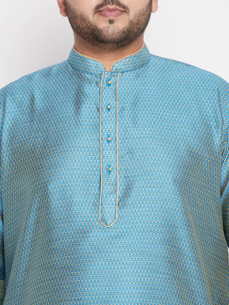 Men's aqua blue and blue silk blend kurta pyjama set