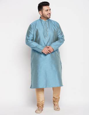 Men's aqua blue and rose gold silk blend kurta pyjama set 1