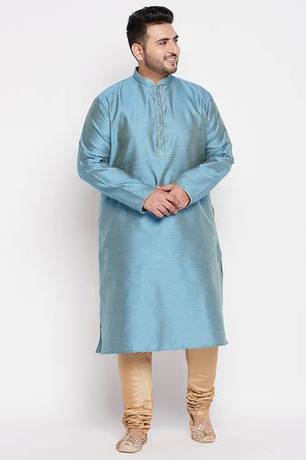 Men's aqua blue and rose gold silk blend kurta pyjama set
