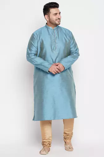 Men's aqua blue and rose gold silk blend kurta pyjama set