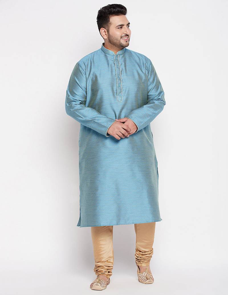 Men's aqua blue and rose gold silk blend kurta pyjama set