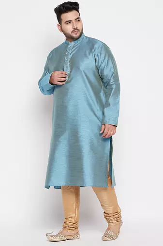 Men's aqua blue and rose gold silk blend kurta pyjama set