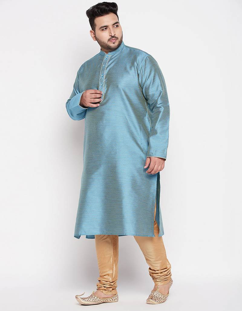 Men's aqua blue and rose gold silk blend kurta pyjama set