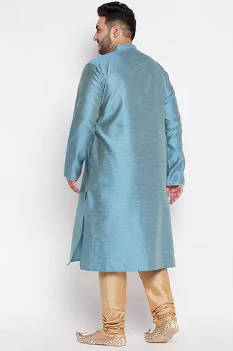 Men's aqua blue and rose gold silk blend kurta pyjama set