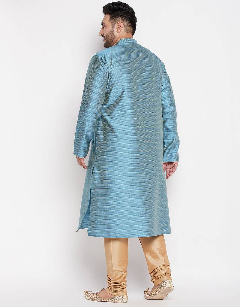 Men's aqua blue and rose gold silk blend kurta pyjama set