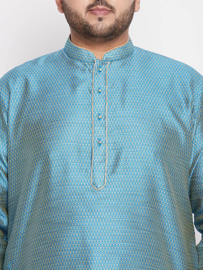 Men's aqua blue and rose gold silk blend kurta pyjama set