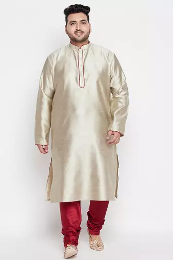 Men's beige and maroon silk blend kurta pyjama set
