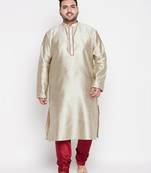 Men's beige and maroon silk blend kurta pyjama set