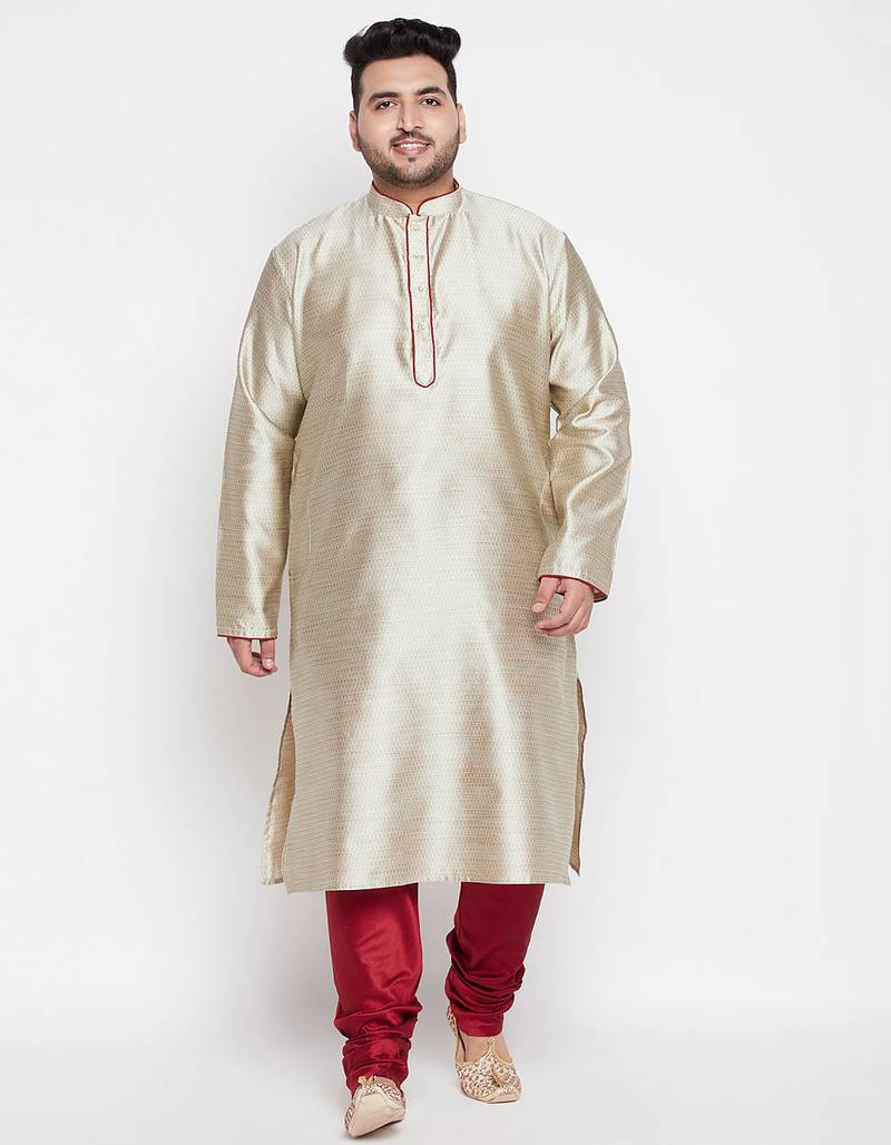 Men's beige and maroon silk blend kurta pyjama set