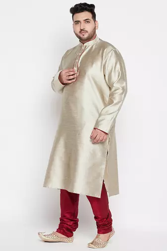 Men's beige and maroon silk blend kurta pyjama set
