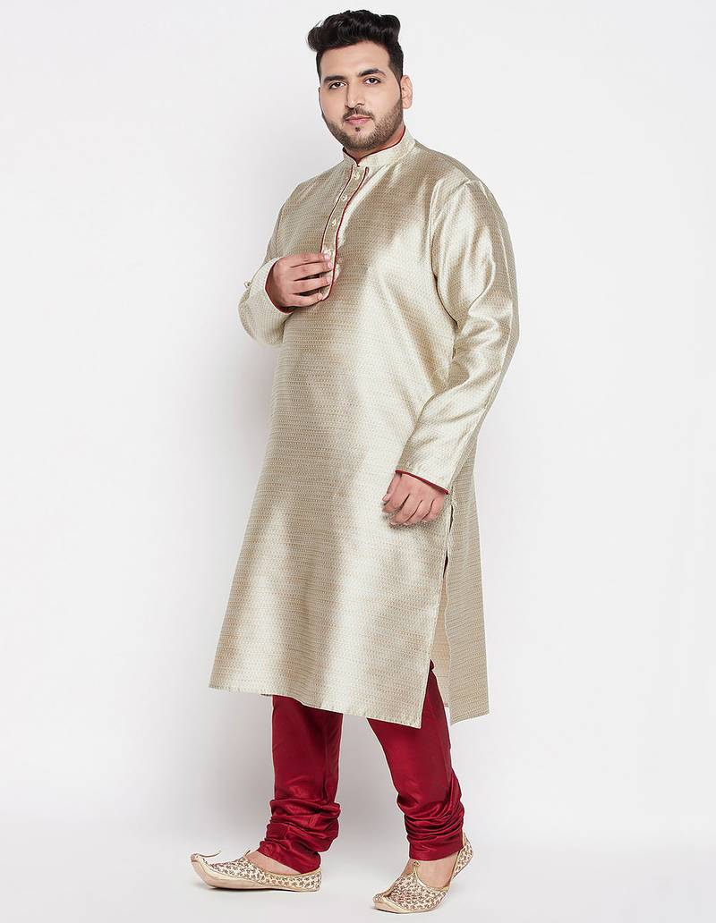 Men's beige and maroon silk blend kurta pyjama set