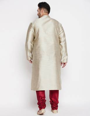 Men's beige and maroon silk blend kurta pyjama set 3