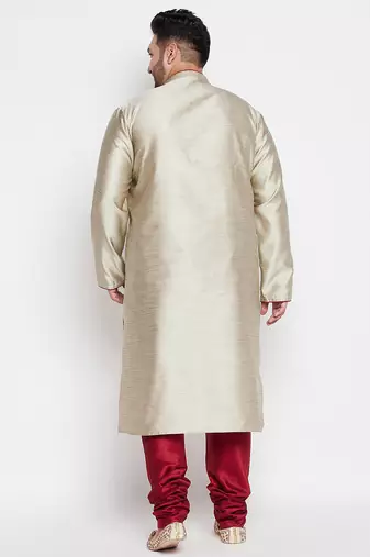 Men's beige and maroon silk blend kurta pyjama set
