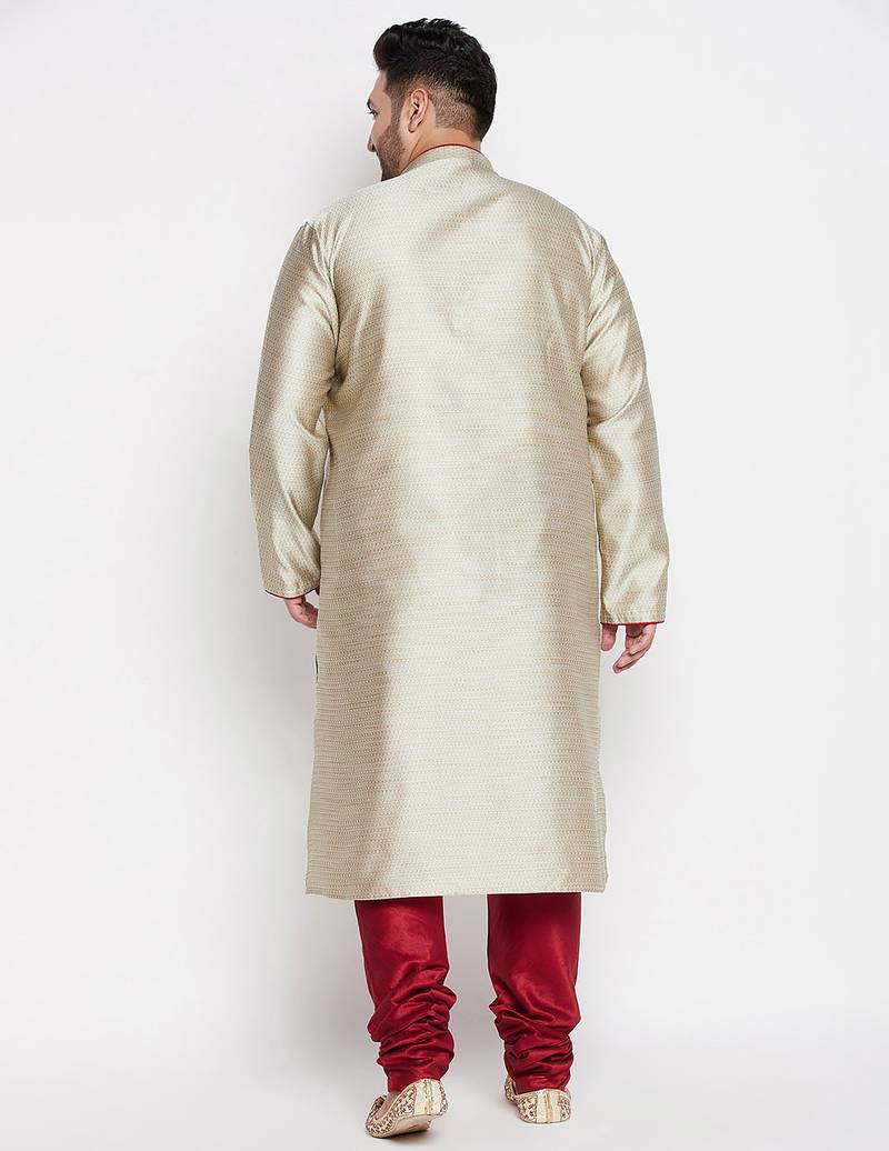 Men's beige and maroon silk blend kurta pyjama set