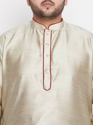 Men's beige and maroon silk blend kurta pyjama set 4