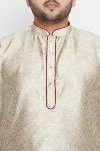 Men's beige and maroon silk blend kurta pyjama set