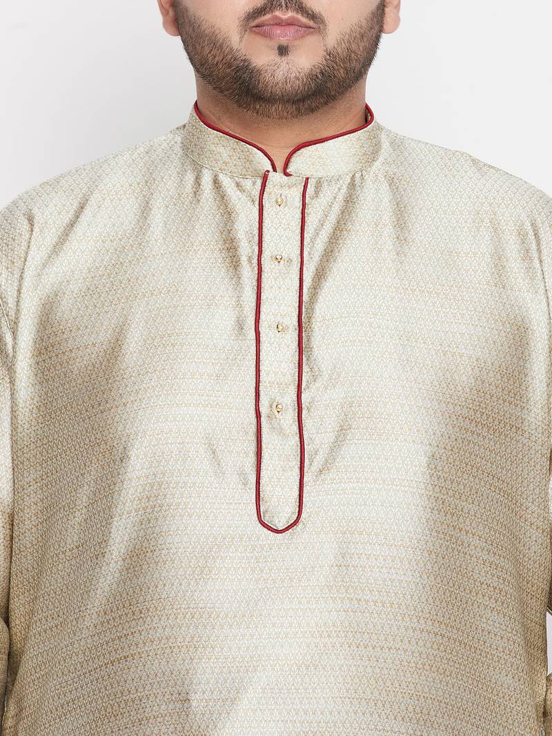 Men's beige and maroon silk blend kurta pyjama set