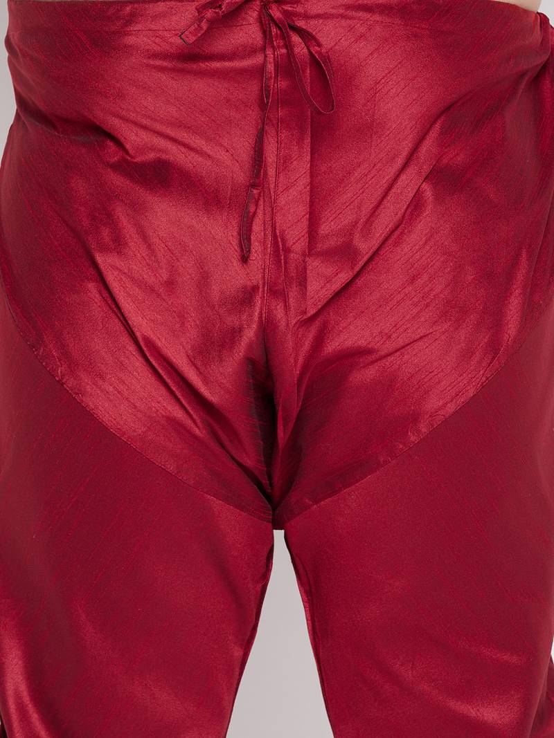 Men's beige and maroon silk blend kurta pyjama set