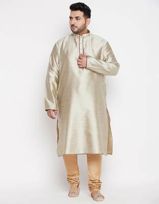 Men's beige and rose gold silk blend kurta pyjama set 1