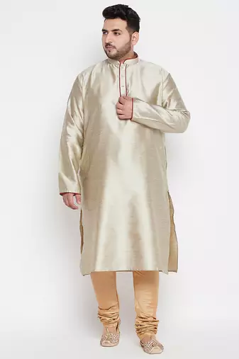 Men's beige and rose gold silk blend kurta pyjama set