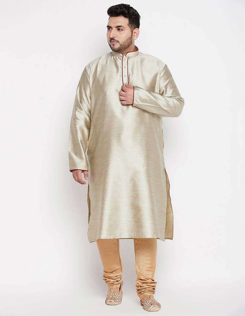 Men's beige and rose gold silk blend kurta pyjama set