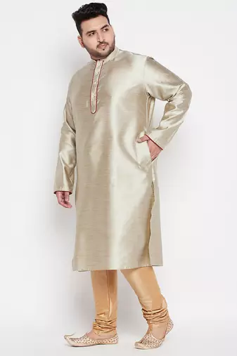 Men's beige and rose gold silk blend kurta pyjama set
