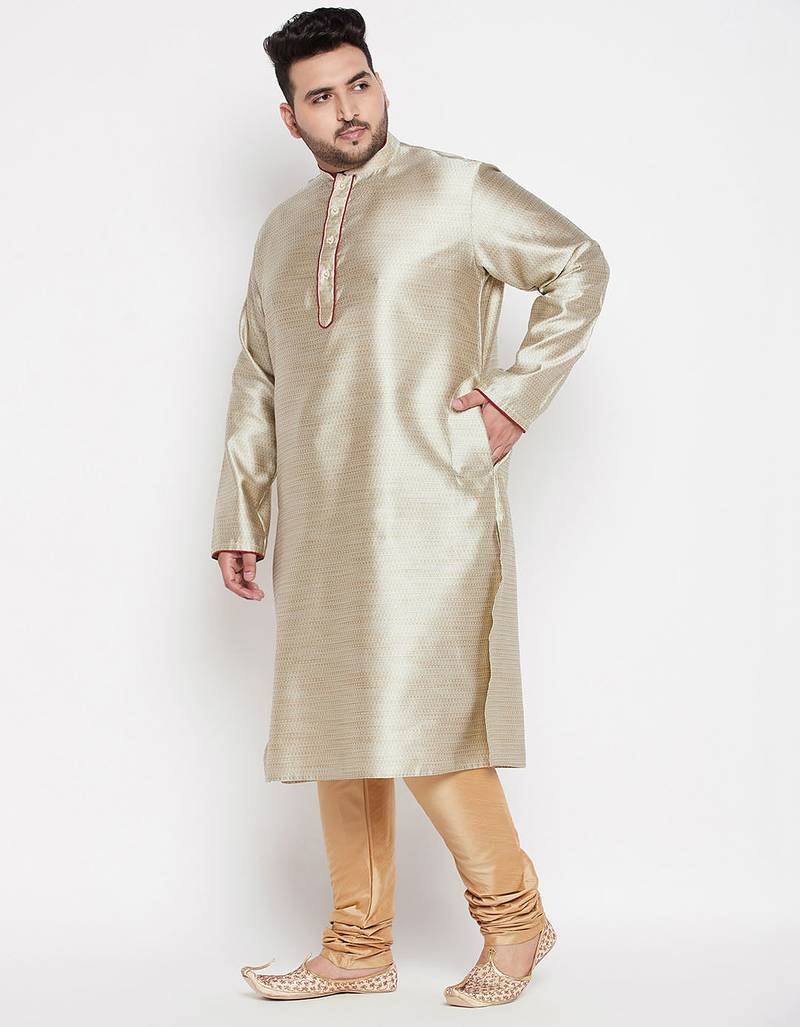 Men's beige and rose gold silk blend kurta pyjama set