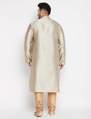 Men's beige and rose gold silk blend kurta pyjama set 3