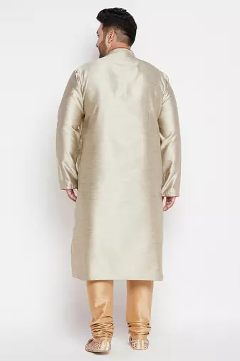 Men's beige and rose gold silk blend kurta pyjama set