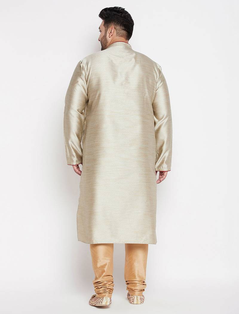 Men's beige and rose gold silk blend kurta pyjama set