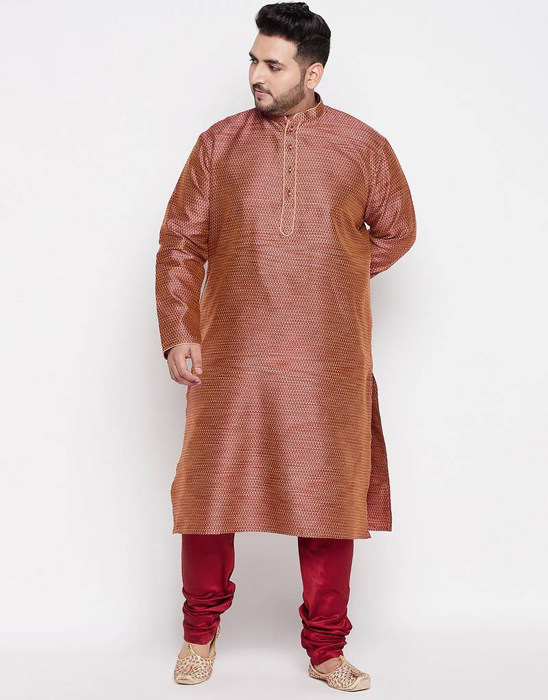 Men's maroon silk blend kurta pyjama set