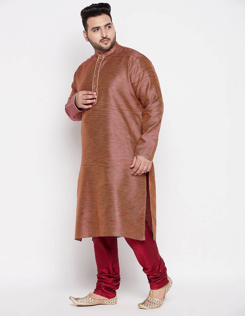Men's maroon silk blend kurta pyjama set