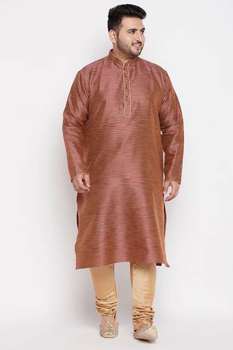 Men's maroon and rose gold silk blend kurta pyjama set