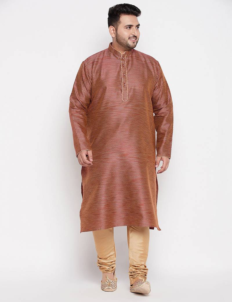 Men's maroon and rose gold silk blend kurta pyjama set