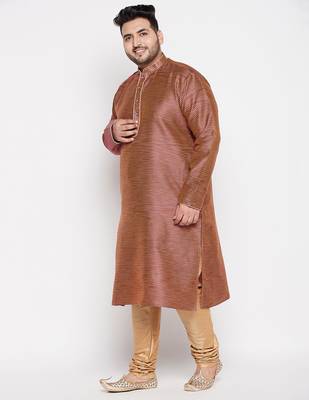 Men's maroon and rose gold silk blend kurta pyjama set 2