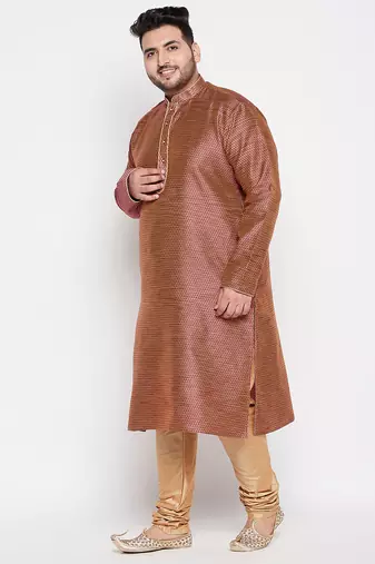 Men's maroon and rose gold silk blend kurta pyjama set