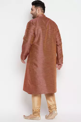 Men's maroon and rose gold silk blend kurta pyjama set