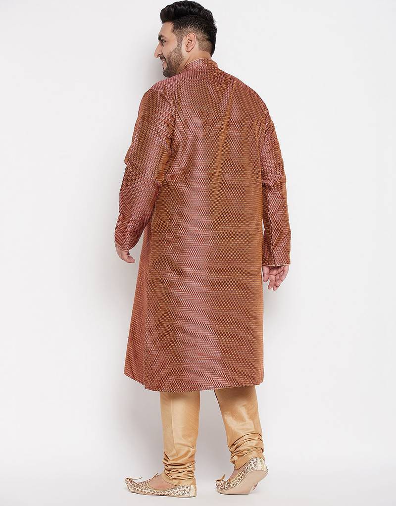 Men's maroon and rose gold silk blend kurta pyjama set