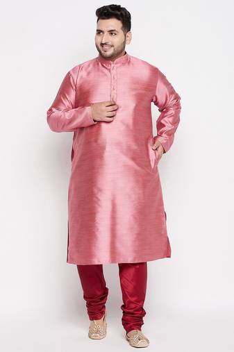 Men's pink and maroon silk blend kurta pyjama set