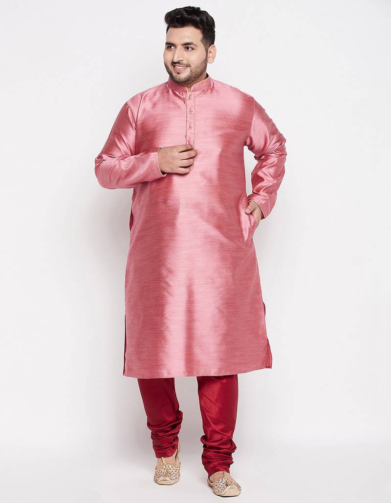 Men's pink and maroon silk blend kurta pyjama set