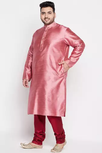 Men's pink and maroon silk blend kurta pyjama set
