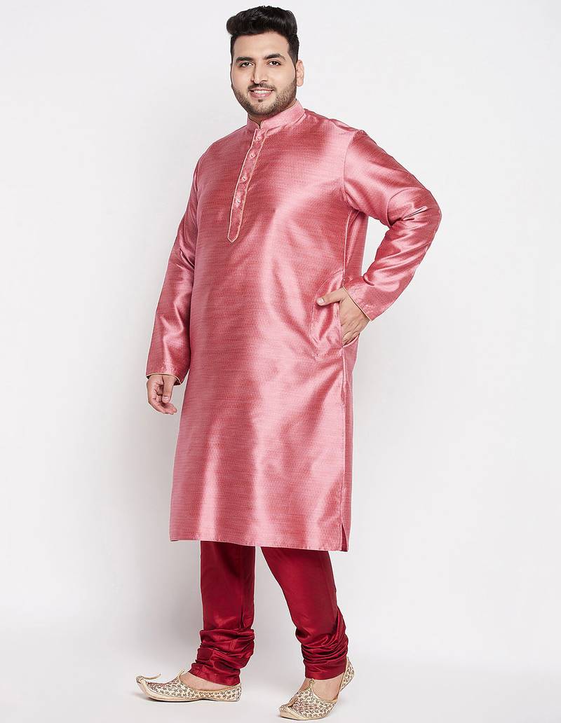 Men's pink and maroon silk blend kurta pyjama set
