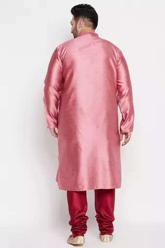 Men's pink and maroon silk blend kurta pyjama set