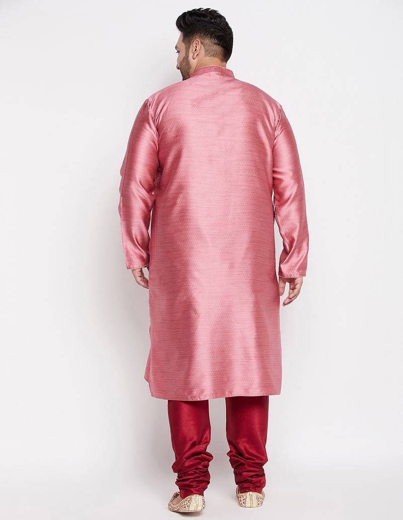 Men's pink and maroon silk blend kurta pyjama set