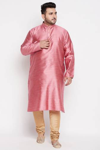 Men's pink and rose gold silk blend kurta pyjama set